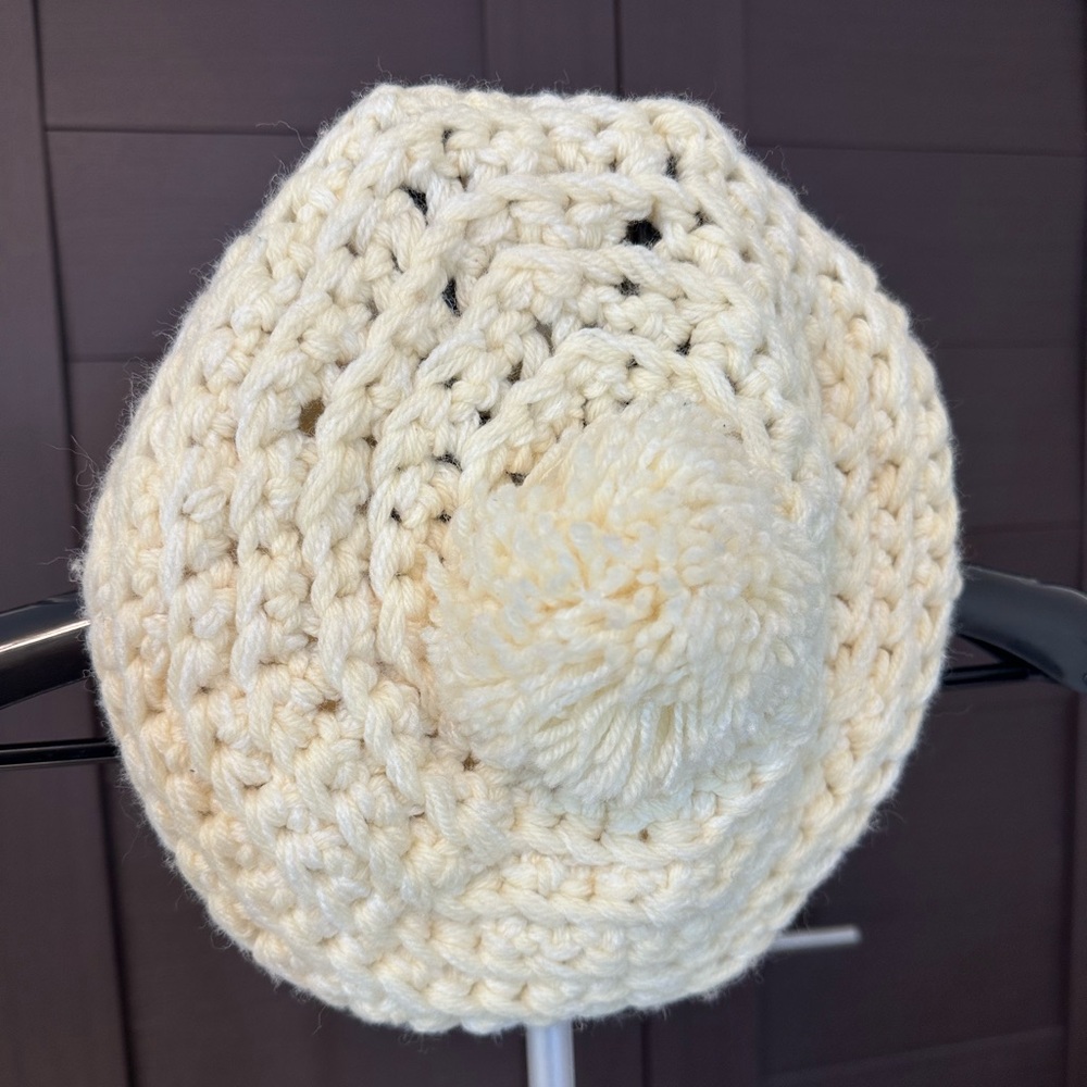 Cream Crochet Beret with Pom Pom
